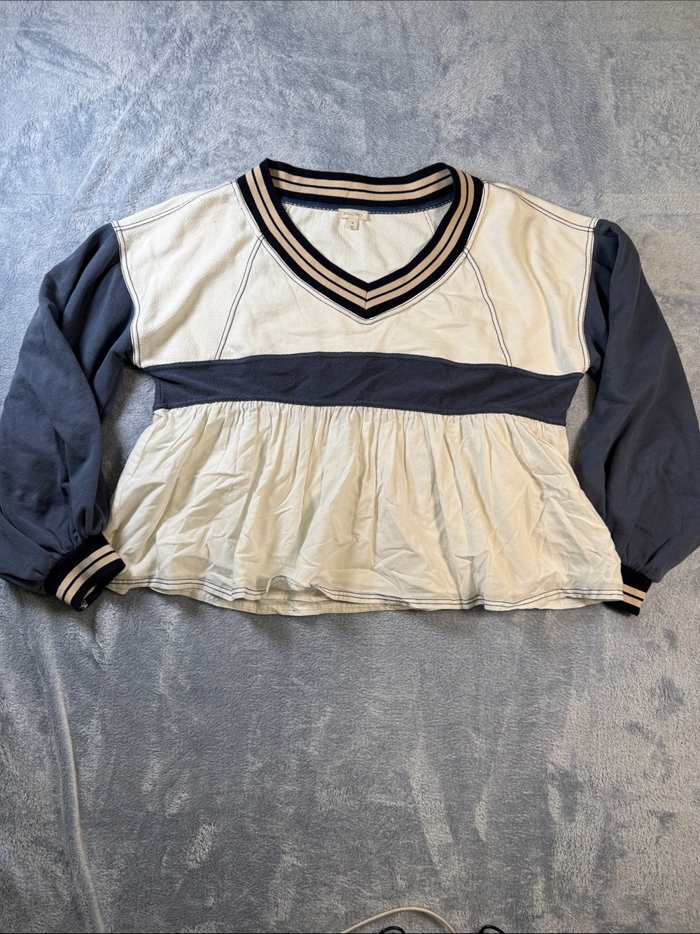 Pilcro Cream and Navy Peplum V-Neck Pullover #3262-2